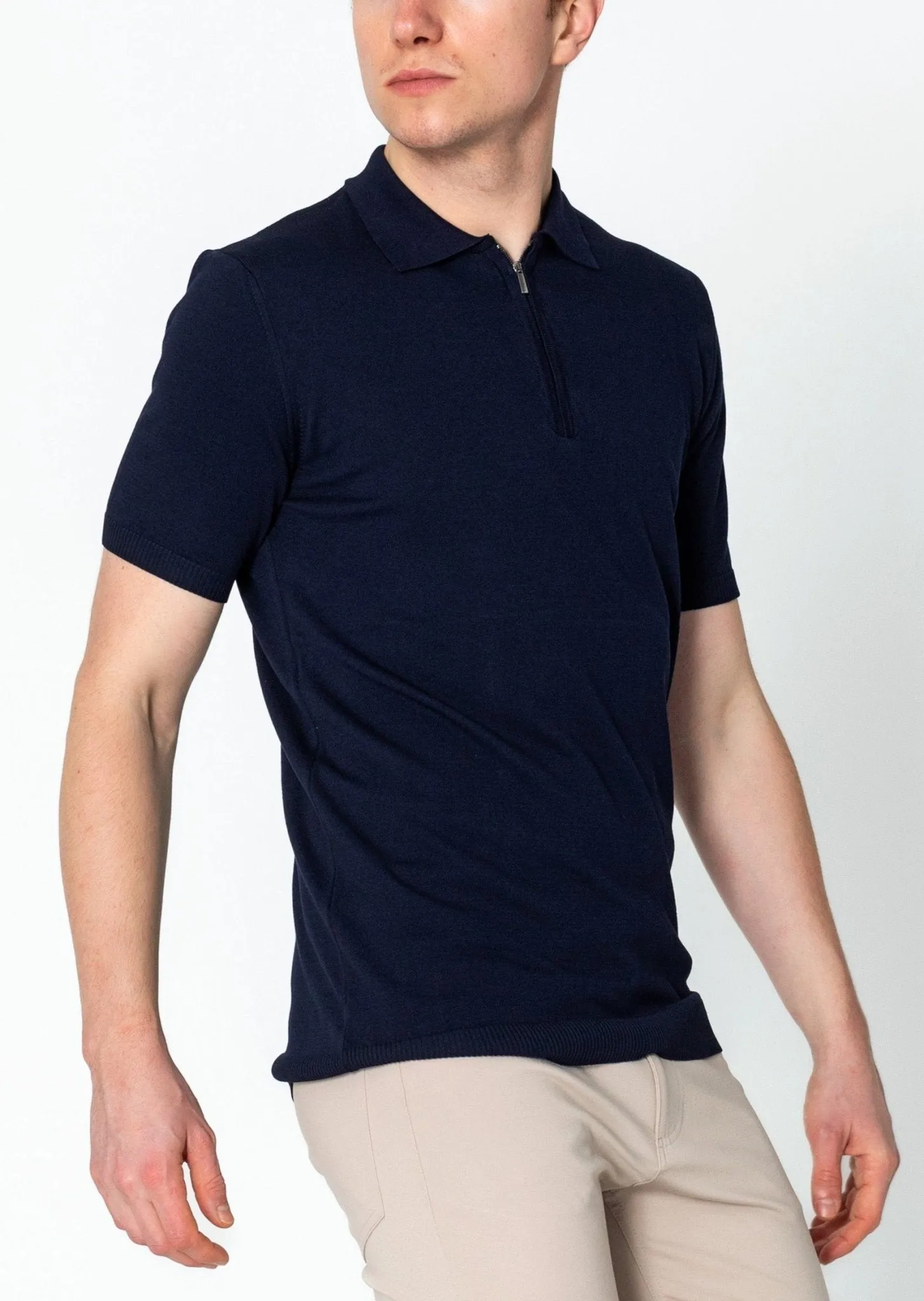 Zipper Closure Lightweight Polo Tee - Navy