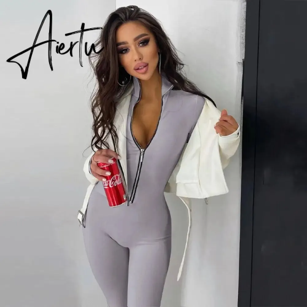 Zipper Neck Solid Long Sleeve Jumpsuit Women Fall Slim Monos Mujer Elegante комбинезон женский Combinaison Femme