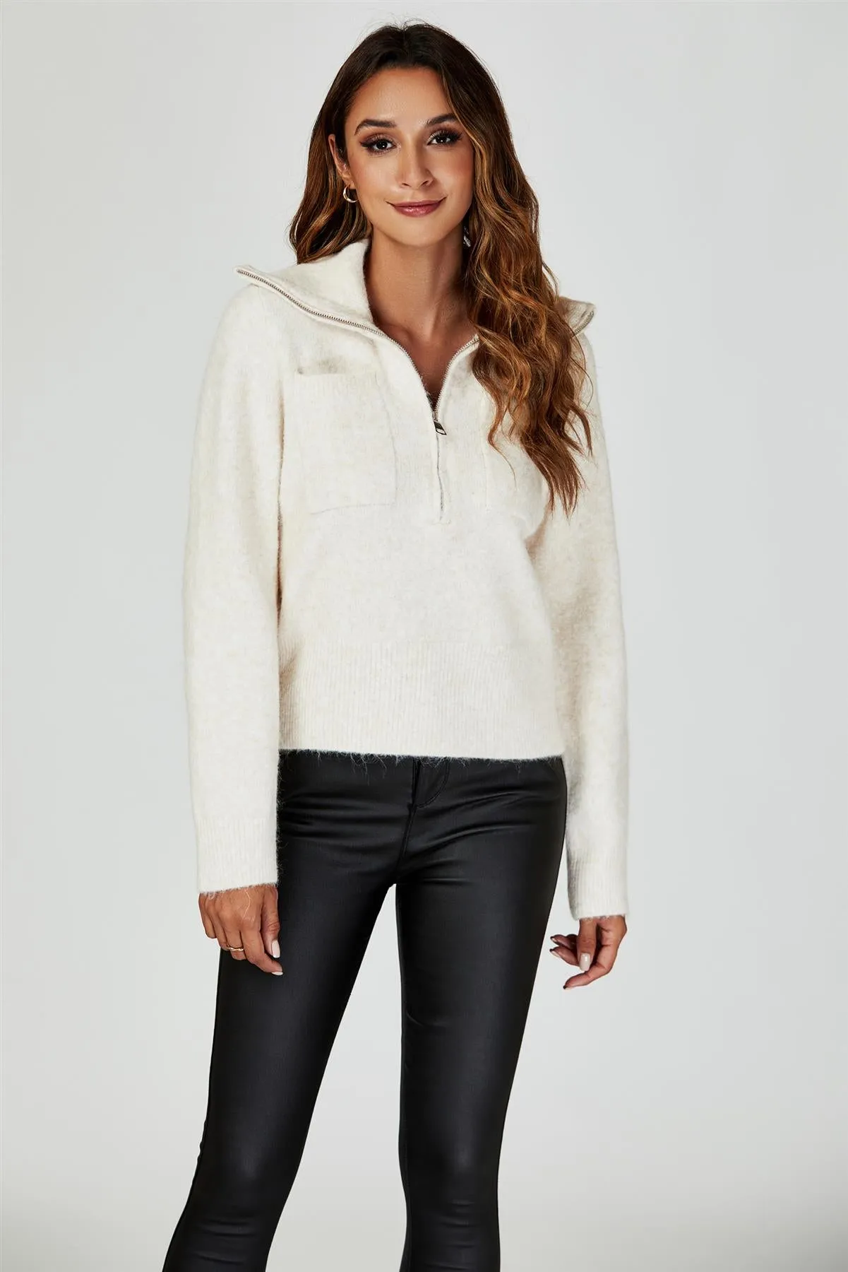 Zippered turtleneck Knit Top In Cream