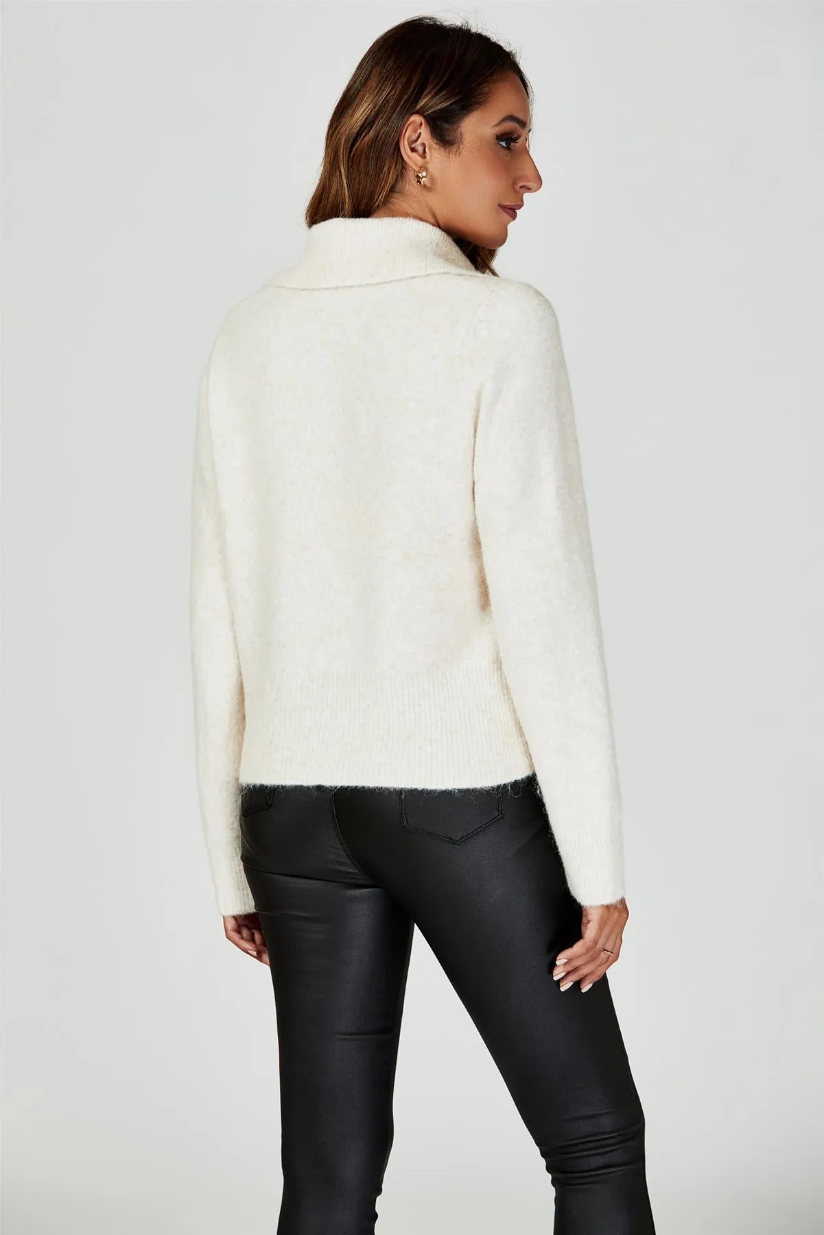 Zippered turtleneck Knit Top In Cream